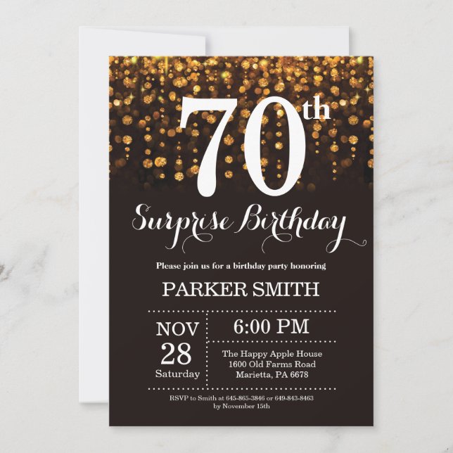 Surprise 70th Birthday Invitation Gold Glitter (Front)