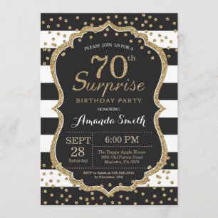 Surprise 70th Birthday Invitation. Gold Glitter Invitation
