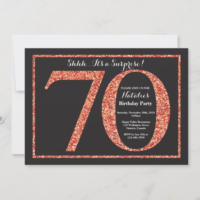 Surprise 70th Birthday Invitation Orange Glitter (Front)