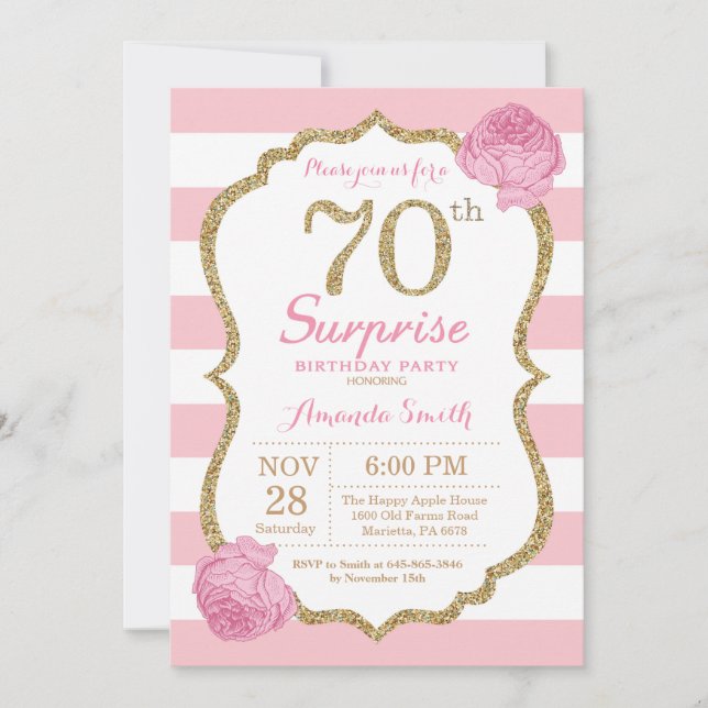 Surprise 70th Birthday Invitation Pink and Gold (Front)