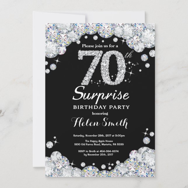 Surprise 70th Birthday Invitation Silver Diamond (Front)