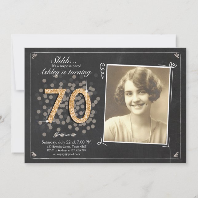 Surprise 70th birthday invite Chalkboard vintage (Front)