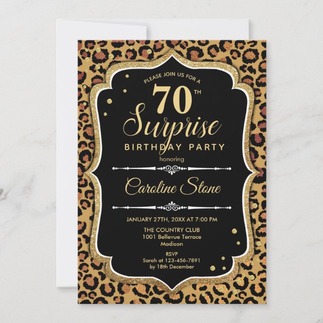 Surprise 70th Birthday - Leopard Black Gold Invitation (Front)