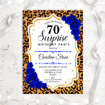 Surprise 70th Birthday - Leopard Gold Royal Blue Invitation<br><div class="desc">Surprise 70th Birthday Invitation.
Feminine royal blue,  white design with faux glitter gold. Features animal leopard cheetah pattern,  sapphire blue roses,  script font and confetti. Perfect for an elegant birthday party. Can be personalized to show any age. Message me if you need further customization.</div>