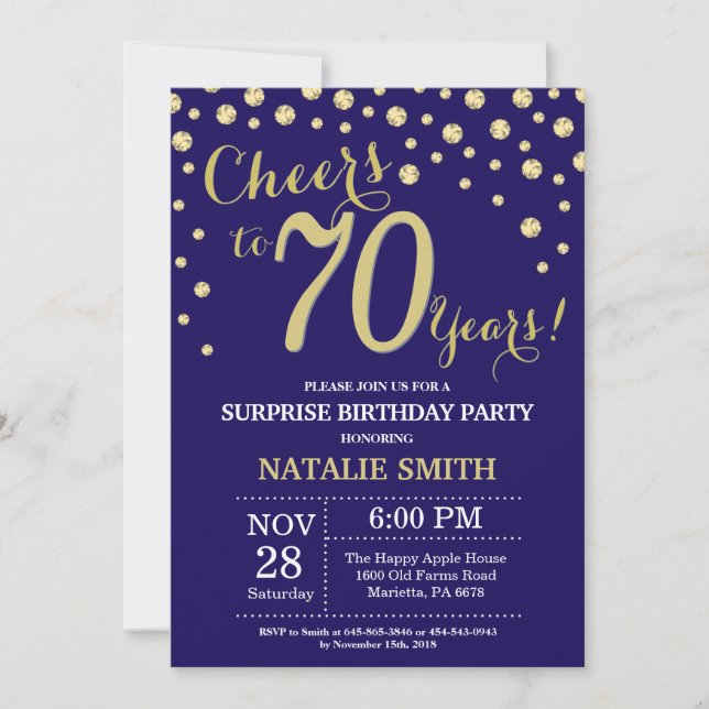 Surprise 70th Birthday Navy Blue and Gold Diamond Invitation (Front)