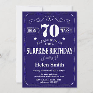 Surprise 70th Birthday Navy Blue and White Invitation