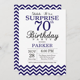 Surprise 70th Birthday Navy Blue Chevron Invitation