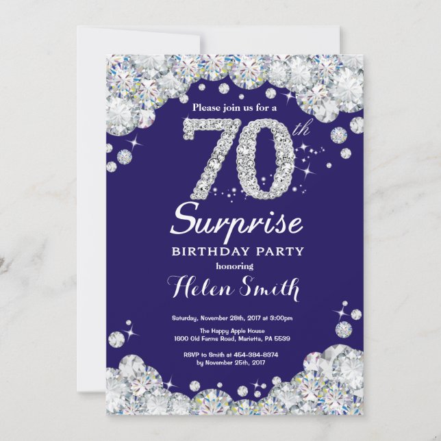 Surprise 70th Birthday Navy Blue Silver Diamond Invitation (Front)