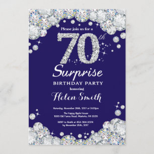 Surprise 70th Birthday Navy Blue Silver Diamond Invitation