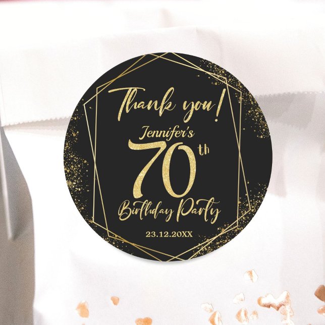 Surprise 70th Birthday Party Black & Gold Glitter Classic Round Sticker (Creator Uploaded)