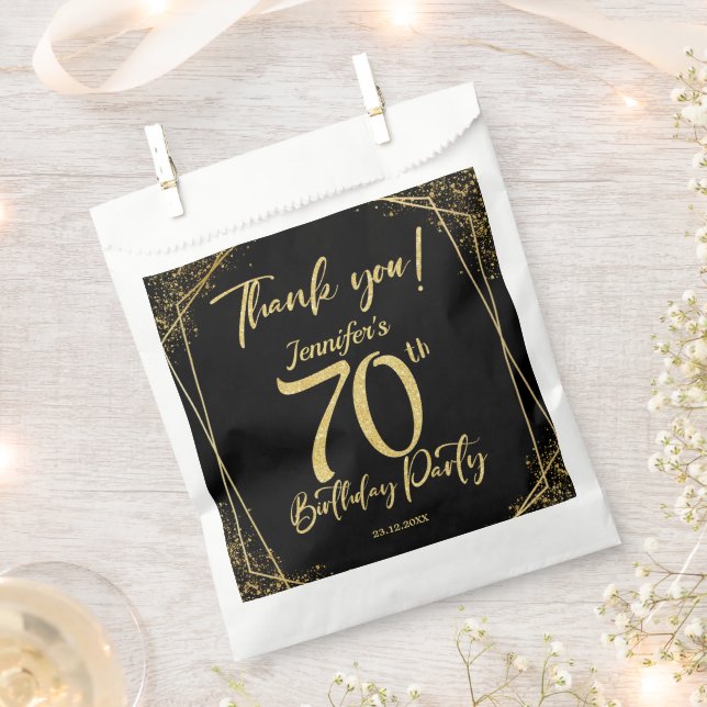 Surprise 70th Birthday Party Black & Gold Glitter Favour Bags (Clipped)