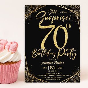 Surprise 70th Birthday Party Black & Gold Glitter Invitation