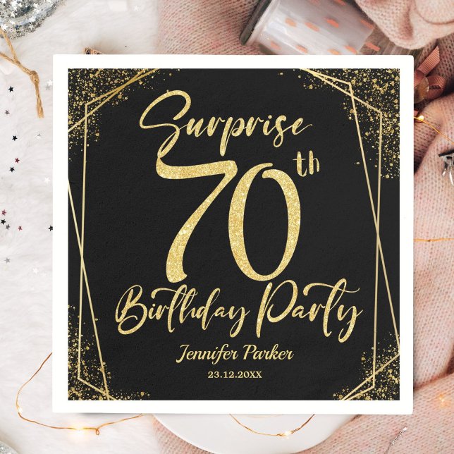 Surprise 70th Birthday Party Black & Gold Glitter Napkin (Creator Uploaded)