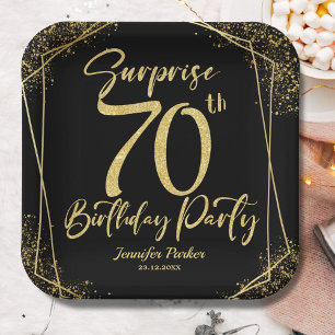 Surprise 70th Birthday Party Black & Gold Glitter Paper Plate