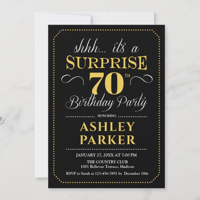 Surprise 70th Birthday Party - Black Gold Invitation (Front)