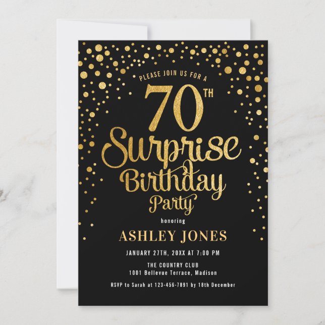 Surprise 70th Birthday Party - Black & Gold Invitation (Front)