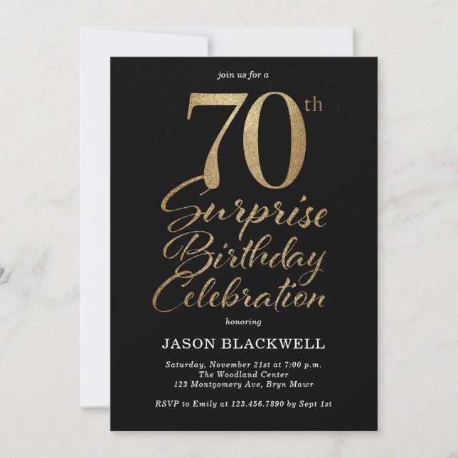 Surprise 70th Birthday Party Black & Gold Invitation (Front)