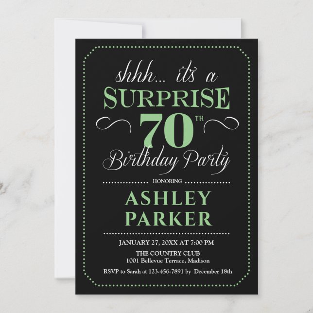Surprise 70th Birthday Party - Black Green Invitation (Front)