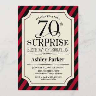 Surprise 70th Birthday Party - Black Red Stripes Invitation