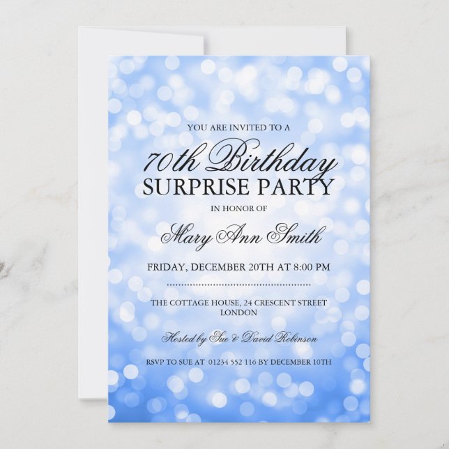Surprise 70th Birthday Party Blue Glitter Lights Invitation (Front)