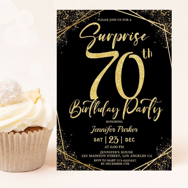 Surprise 70th Birthday Party Chic Black & Gold  Invitation (Creator Uploaded)