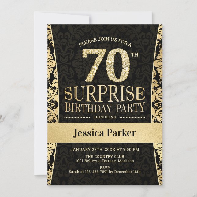 Surprise 70th Birthday Party - Gold Black Invitation (Front)