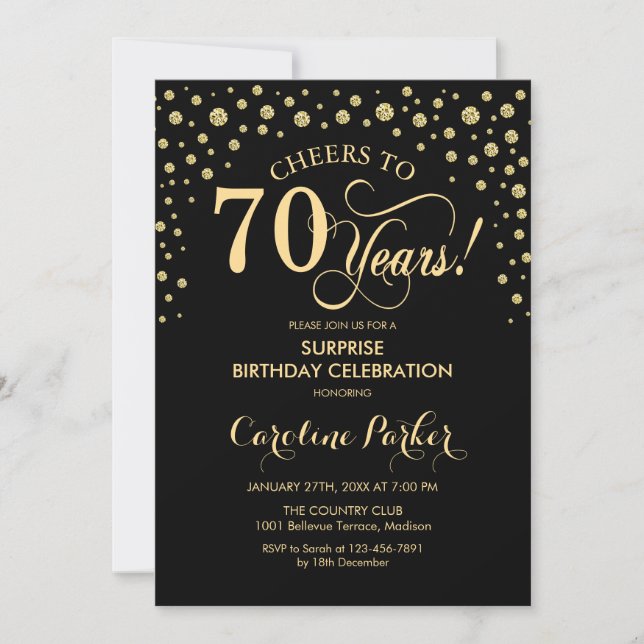 Surprise 70th Birthday Party - Gold Black Invitation (Front)