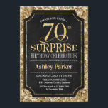 Surprise 70th Birthday Party - Gold Black Invitation<br><div class="desc">Surprise 70th Birthday Celebration Invitation.
Elegant classy design in black and faux glitter gold pattern. Features elegant script font. Message me if you need further customization.</div>