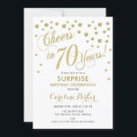 Surprise 70th Birthday Party - Gold White Invitation<br><div class="desc">Surprise 70th Birthday Party Invitation
Elegant design with faux glitter gold and white. Features script font and confetti. Cheers to 70 Years! Message me if you need a custom age.</div>
