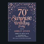 Surprise 70th Birthday Party - Navy & Rose Gold Invitation<br><div class="desc">Surprise 70th Birthday Party Invitation.
Elegant design in navy and faux glitter rose gold. Features stylish script font and confetti. Message me if you need custom age.</div>