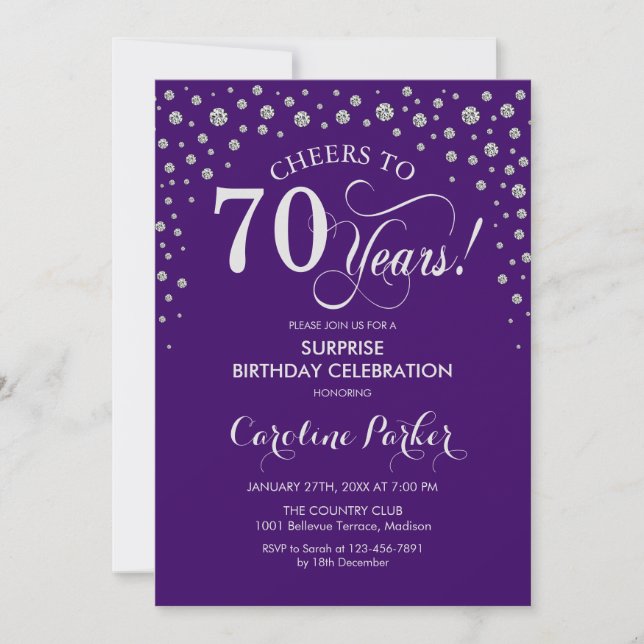 Surprise 70th Birthday Party - Purple Silver Invitation (Front)