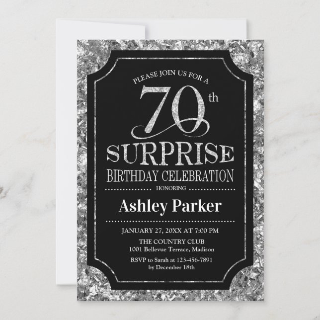 Surprise 70th Birthday Party - Silver Black Invitation (Front)