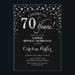 Surprise 70th Birthday Party - Silver Black Invitation<br><div class="desc">Surprise 70th Birthday Party Invitation.
Elegant design in black and faux glitter silver. Features script font and diamonds confetti. Cheers to 70 Years! Message me if you need further customization.</div>
