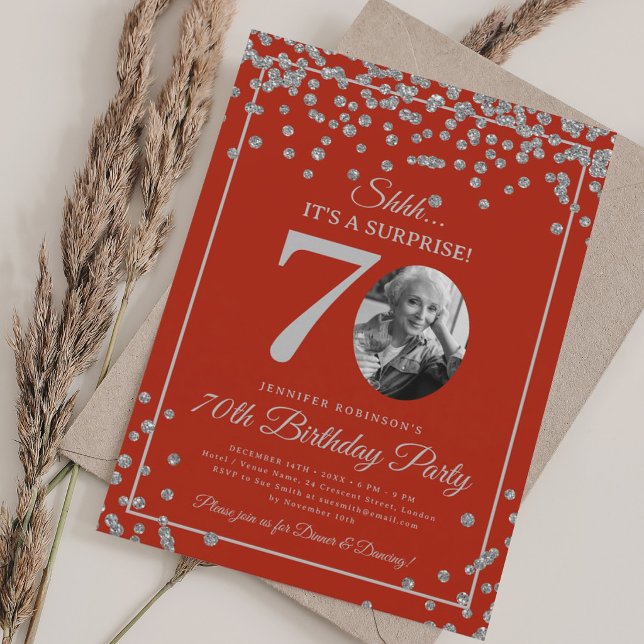 SURPRISE 70th Birthday Party Silver Confetti Red  Invitation (SURPRISE 70th Birthday Party Silver Confetti Red Invitation)