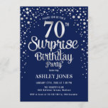 Surprise 70th Birthday Party - Silver & Navy Blue Invitation<br><div class="desc">Surprise 70th Birthday Party Invitation.
 Elegant design in navy blue and faux glitter silver. Features stylish script font and confetti. Message me if you need custom age.</div>