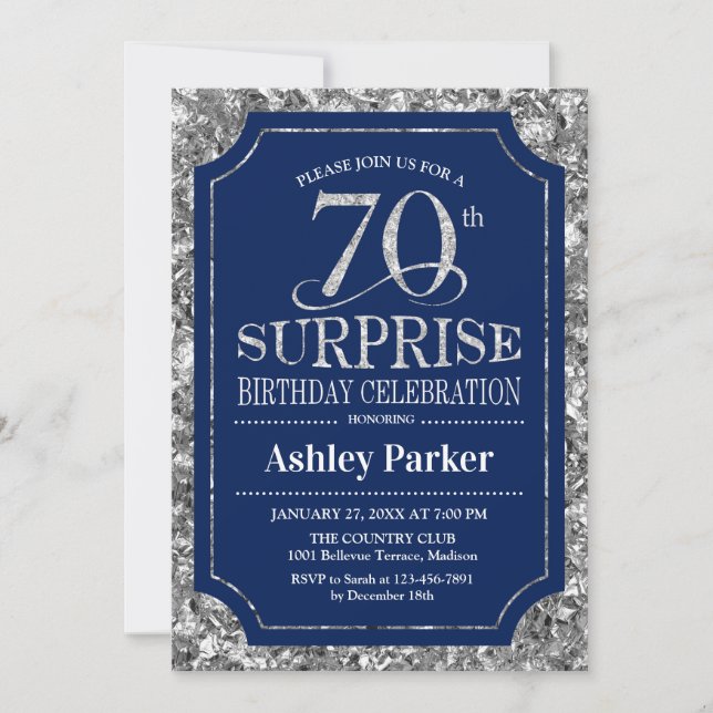 Surprise 70th Birthday Party - Silver Navy Blue Invitation (Front)