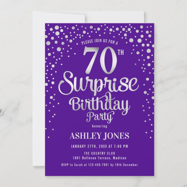 Surprise 70th Birthday Party - Silver & Purple Invitation (Front)
