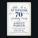 Surprise 70th Birthday Party - White Navy Invitation<br><div class="desc">Surprise 70th Birthday Party Invitation.
Simple classy design in white,  navy blue and black. Features elegant script font. Surprise bday celebration for man or woman. Can be customized into any age!</div>