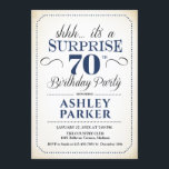 Surprise 70th Birthday Party - White Navy Invitation<br><div class="desc">Surprise 70th Birthday Party Invitation.
Simple classy design in white,  navy blue and black. Features elegant script font. Surprise bday celebration for man or woman. Can be customized into any age!</div>