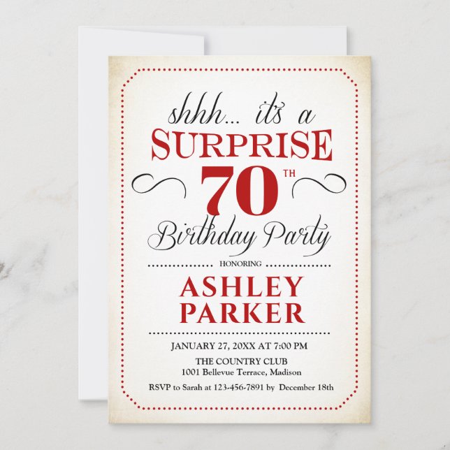 Surprise 70th Birthday Party - White Red Black Invitation (Front)