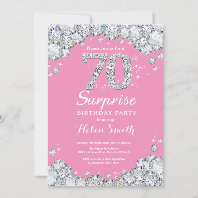 Surprise 70th Birthday Pink and Silver Diamond Invitation (Front)
