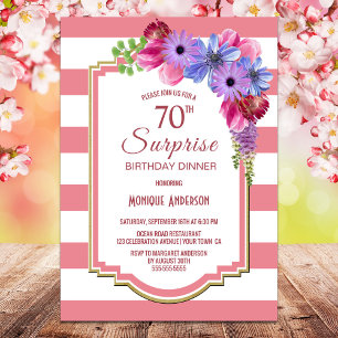 Surprise 70th Birthday Pink Striped Purple Floral Invitation