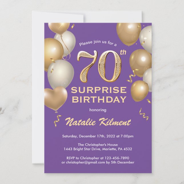 Surprise 70th Birthday Purple and Gold Balloons Invitation (Front)