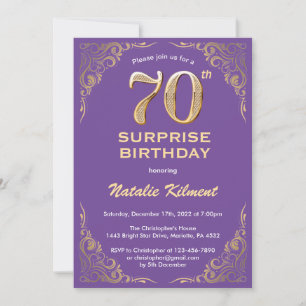 Surprise 70th Birthday Purple and Gold Glitter Invitation