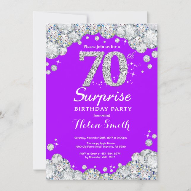 Surprise 70th Birthday Purple and Silver Diamond Invitation (Front)