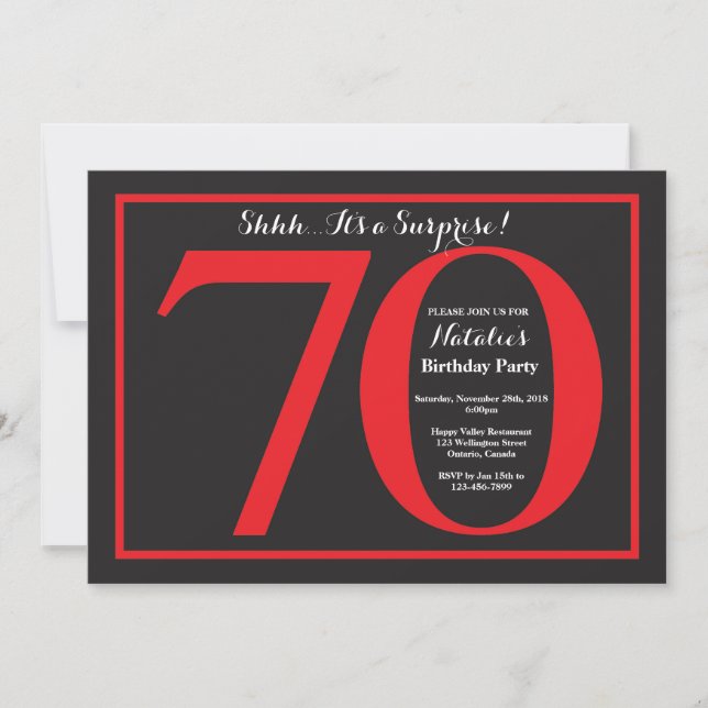 Surprise 70th Birthday Red and Black Chalkboard Invitation (Front)