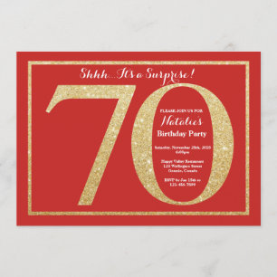 Surprise 70th Birthday Red and Gold Glitter Invitation