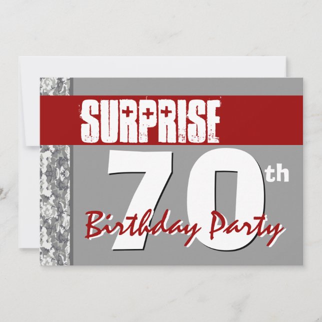 Surprise 70th Birthday Red and Grey V03 Invitation (Front)