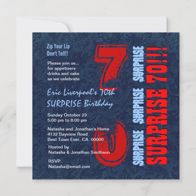 SURPRISE 70th Birthday Red White Blue C653 Invitation (Front)