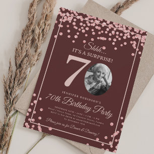SURPRISE 70th Birthday Rose Gold Confetti Burgundy Invitation